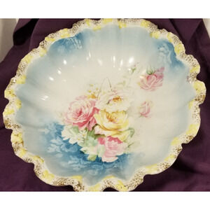 Antique RS Prussia Pink Roses Gold Trim Porcelain Bowl 9.5" Gilded Age